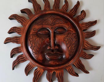 ガーナ　丸顔の太陽月　木製の顔彫刻 アートオブジェ 太陽と月の装飾、月の顔、木製の太陽の顔、木製の太陽と月の壁アート