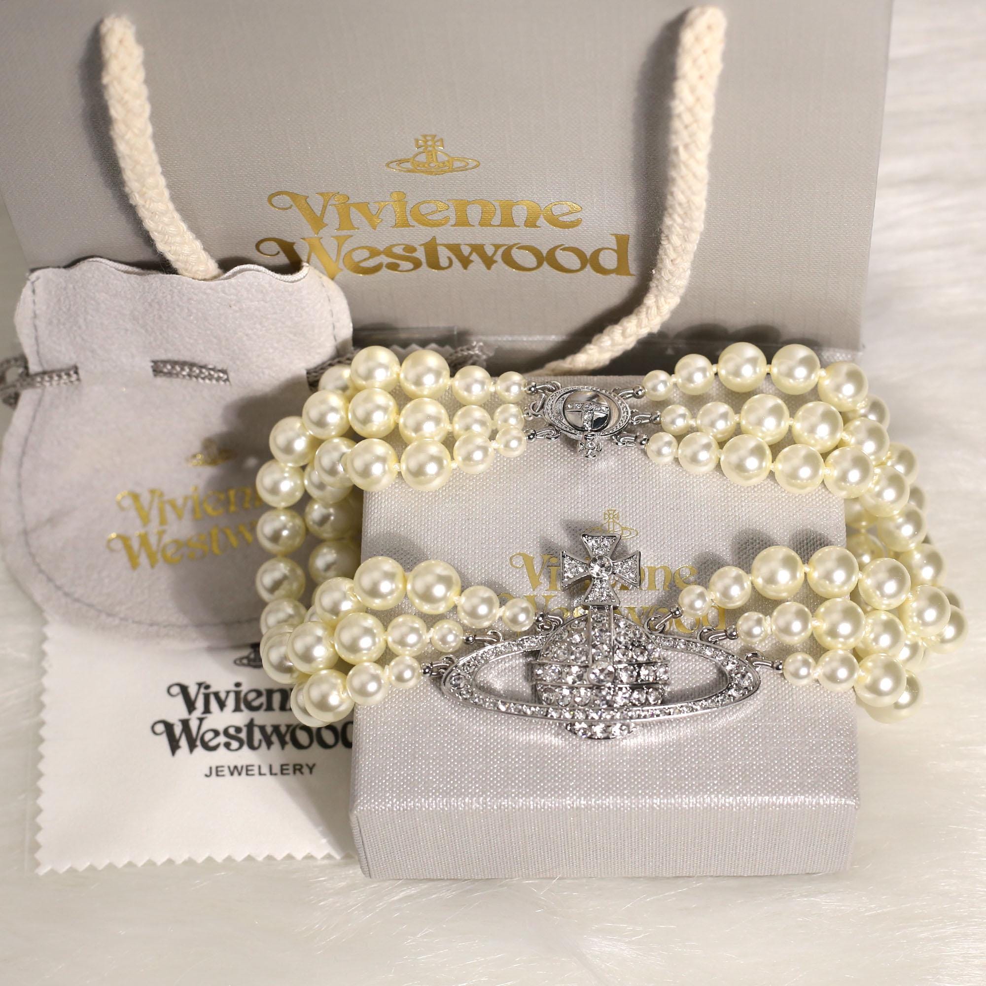 New In Box 925 Silver Vivienne Westwood Necklace,Three-layer Pearl Chain,CZ Diamond Large Saturn Pendant,Gifts for her