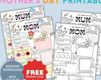 Tarjeta para colorear: Cuestionario de cumpleaños para mamá: Regalo para niños (Descarga digital)