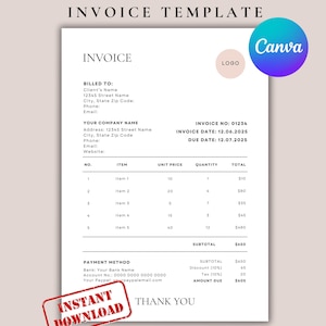 Puede incluir: Una plantilla de factura minimalista con el texto "INVOICE TEMPLATE" en la parte superior. La factura incluye campos para la información del cliente y de la empresa, listas detalladas y detalles de pago. Un sello rojo "INSTANT DOWNLOAD" está en la esquina.