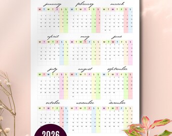 Calendario de pared 2026 de un vistazo, póster con calendario anual completo, diseño pastel imprimible, calendario de pared anual grande (descarga instantánea en PDF y PNG)
