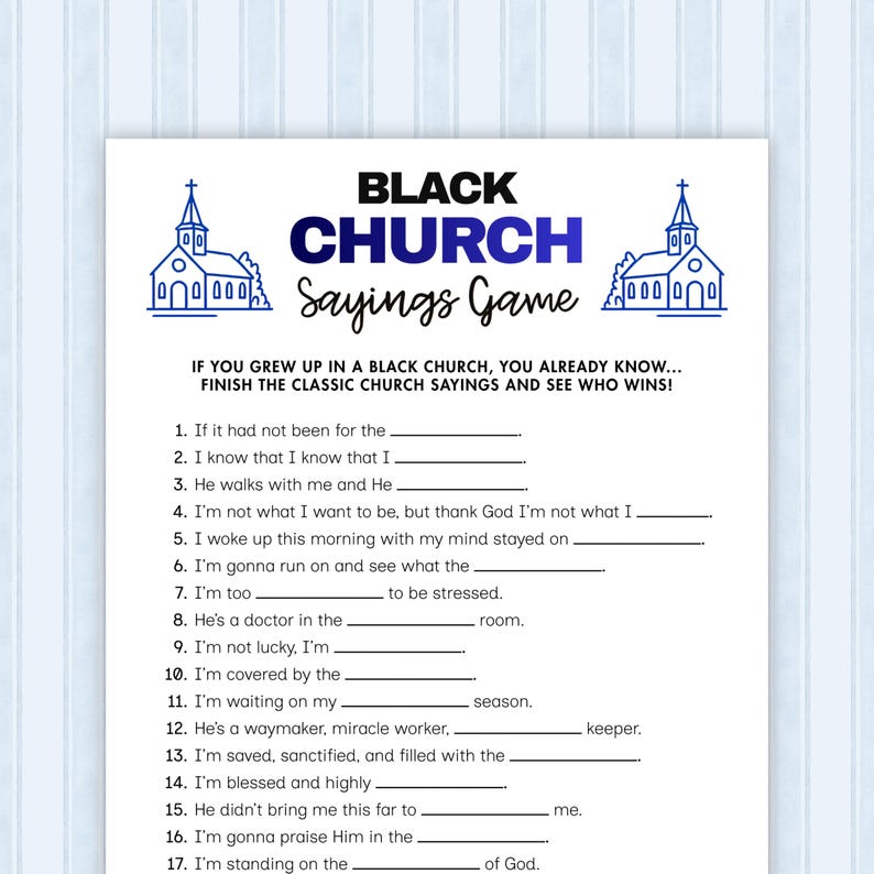Black Church Sayings Game printable showing a fun fill-in-the-blank activity sheet for church parties, family gatherings, and kids ministry events, featuring 20 classic church sayings for teens and adults.