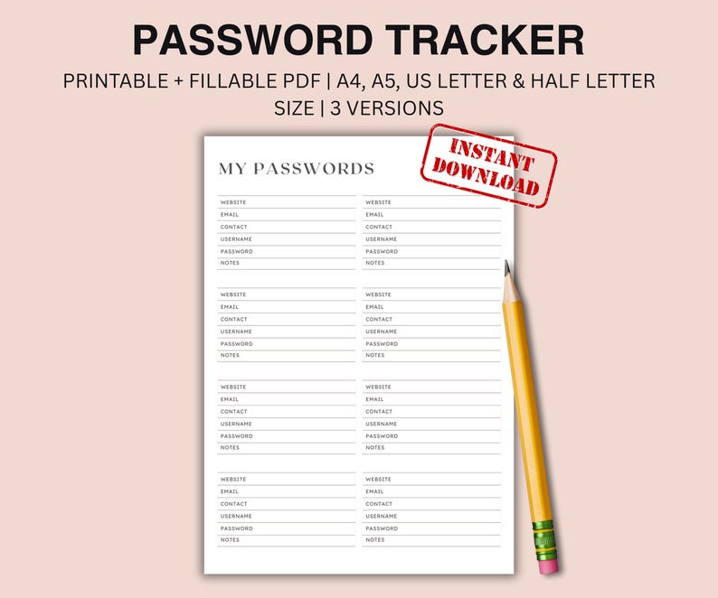 All in One Password Tracker Printable & Fillable PDF, A4 A5 Letter Half ...