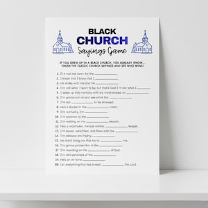 Black History Game sheet with classic church sayings, perfect for educational and fun activities in kids ministry, adult Bible games, and family reunion settings.