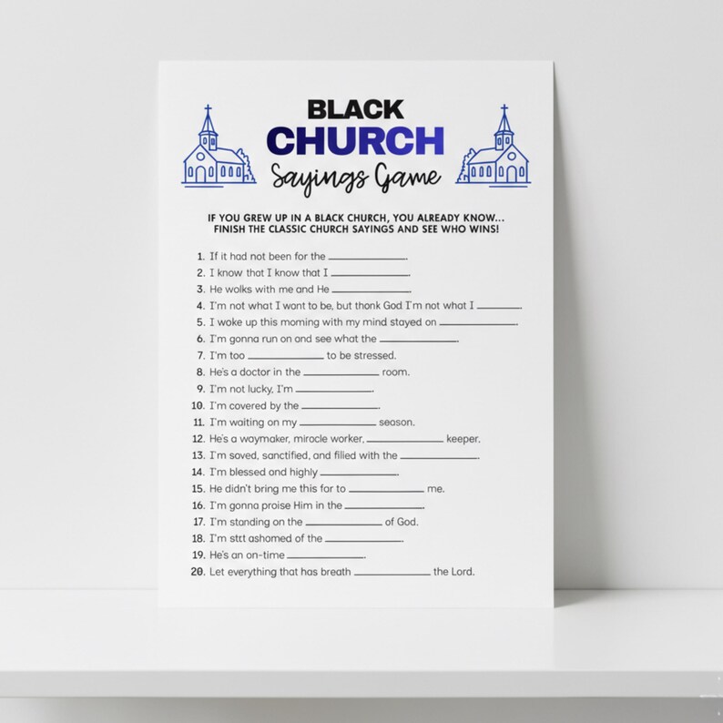 Black History Game sheet with classic church sayings, perfect for educational and fun activities in kids ministry, adult Bible games, and family reunion settings.