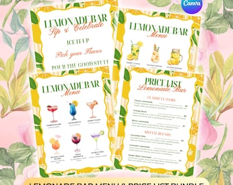 Lemonade Stand Price List Bundle, Lemonade Bar Menu, Printable Lemonade Sign, Graduation Party Drink Station Decor, Editable Canva Template