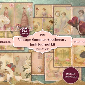 Kit de diário de verão de boticário francês vintage, itens efêmeros vitorianos românticos para impressão, páginas botânicas e florais antigas para diários antigos