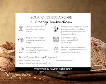 Etiqueta editable para alimentos caseros, plantilla personalizada de Canva para la ley del pan de masa madre, letrero con código QR, paquete de tarjetas de cuidado de micropanadería, empaque para mercado de agricultores