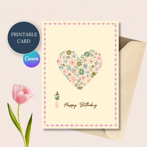 Bearbeitbares Geburtstagskarten-Vorlagenpaket, druckbares Grußkartenkit mit süßem Herz, Boho-Chic-Blumendesign + gratis Geschenkanhängerpaket