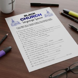 Printable Womens Ministry Game sheet with black church sayings, designed for icebreaker activities, team building, Bible trivia, and interactive church events.