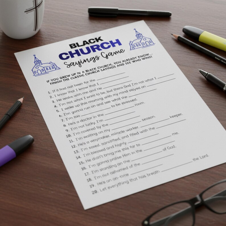 Printable Womens Ministry Game sheet with black church sayings, designed for icebreaker activities, team building, Bible trivia, and interactive church events.