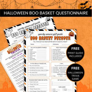 May include: A Halloween Boo Basket Questionnaire printed on white paper with black and orange borders. The document features sections for favourite things, preferences, and a wish list, alongside a separate Halloween trivia game sheet.