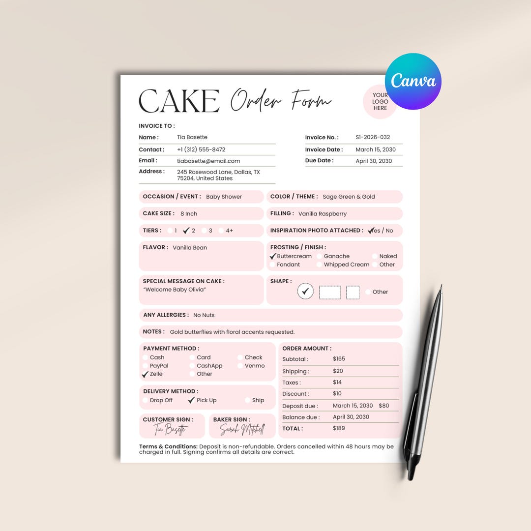Cake Order Form Editable Template, Bakery Order Form, in Store Custom ...