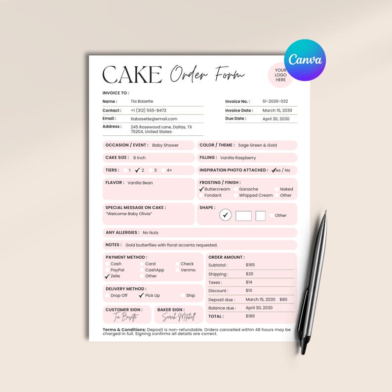 Cake order form editable template with pink bakery design, invoice section, customer details, and Canva logo on beige background with pen styling.