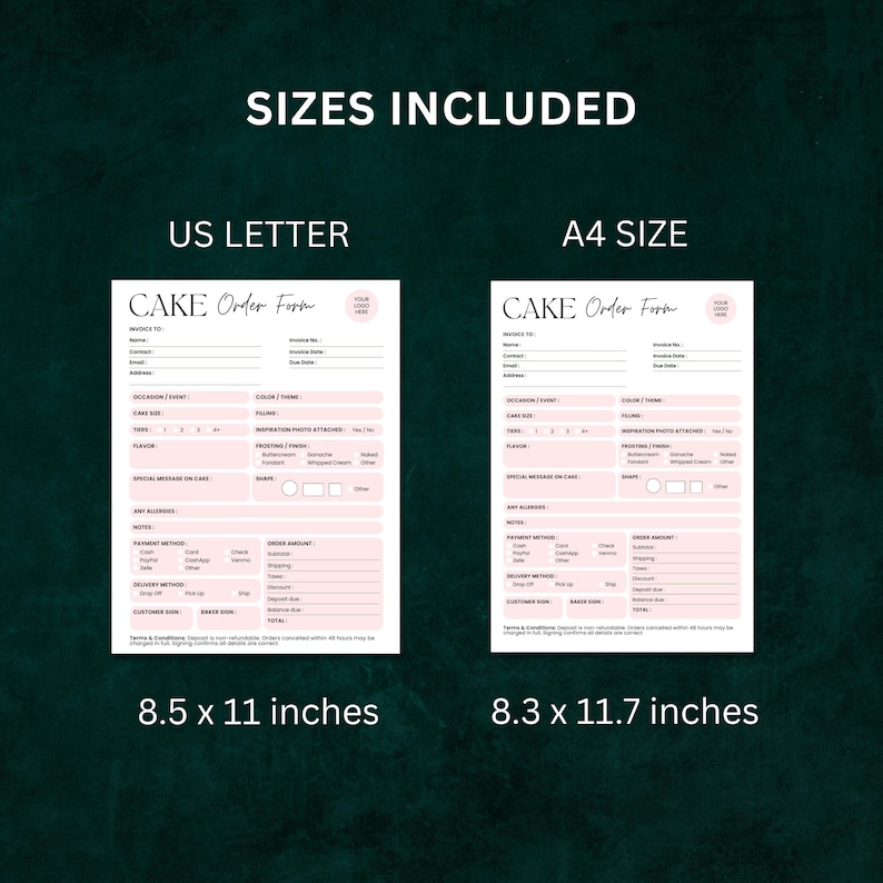 Printable cake order form with editable invoice template fields for bakery businesses, cupcake orders, and custom cake consultations.