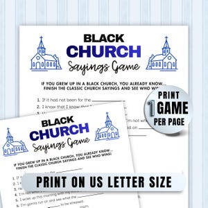 Fun Church Trivia game in PDF format, featuring black church sayings for family reunions, team building, and Christian games nights for kids and adults.