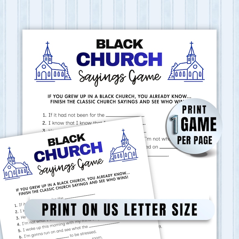 Fun Church Trivia game in PDF format, featuring black church sayings for family reunions, team building, and Christian games nights for kids and adults.