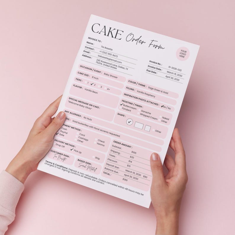 Bakery order form printable template styled with modern typography, editable customer information fields, and clean invoice layout.