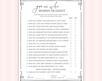 Guess Who Said It Mommy or Daddy Game, Who Knows Mom Best Fun Baby Shower Party Activity Minimalist Family Feud Couple Trivia Gender Neutral