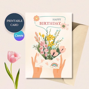 Kit imprimable de cartes de joyeux anniversaire, lot de cartes de voeux modifiables avec cactus arc-en-ciel avec étiquettes cadeaux pour enfants, adolescents, adultes, fête