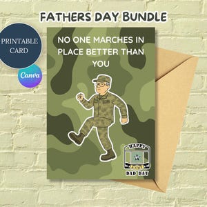 Grappige militaire Vaderdagkaart - afdrukbare legervaderbundel - bewerkbare canvassjabloon + gratis cadeaukaartjes, veteranenkaart