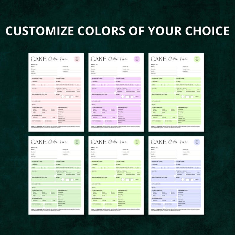 Cupcake order form printable with payment receipt form area, invoice date section, and bakery branding placeholder for small businesses.