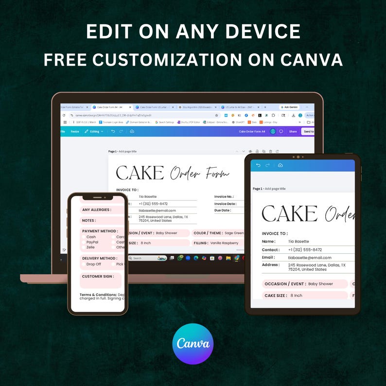Cake invoice form editable template with bakery counter form layout, customer signature section, and printable invoice design.