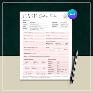 Bakery order form Canva template featuring cake flavor options, payment methods, pickup details, and pastel pink custom order form layout.