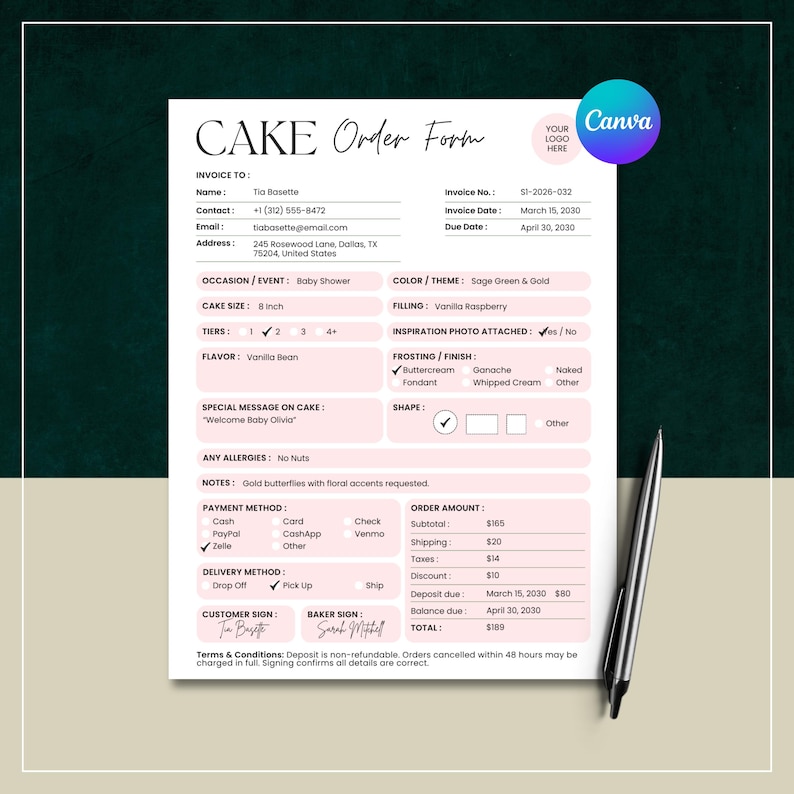 Bakery order form Canva template featuring cake flavor options, payment methods, pickup details, and pastel pink custom order form layout.