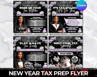 Paquete de folletos para preparadores de impuestos de Año Nuevo, plantillas de Canva para la preparación de impuestos para las fiestas, marketing moderno para reembolsos de impuestos y reparación de crédito, conjunto editable para contables