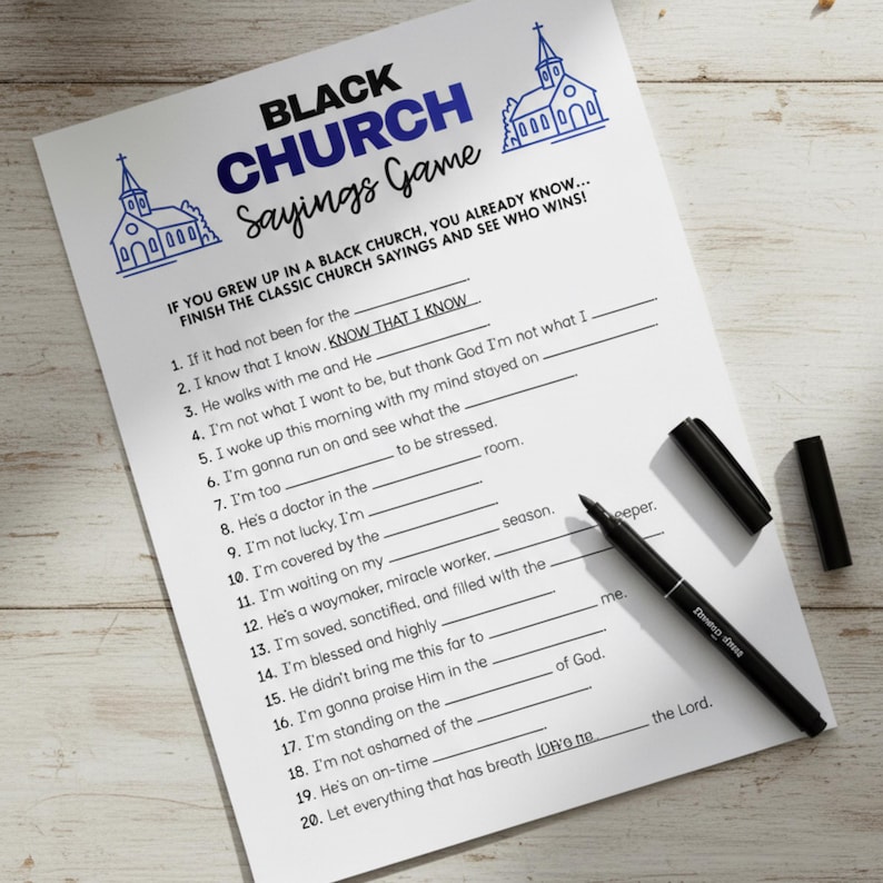 Christian Games printable for families and youth groups, including Bible trivia and black church sayings for church party games, Sunday school, and womens ministry.