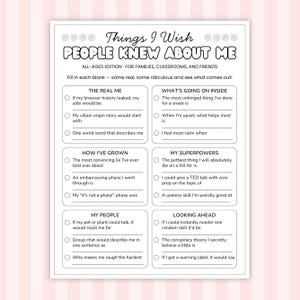 以下が含まれることがあります： Things I Wish PEOPLE KNEW ABOUT MEというタイトルの白黒の印刷可能なアクティビティシート。このドキュメントには、The Real MeやMy Superpowersなど、個人的な振り返りのための空欄補充プロンプトを含む6つの分類されたセクションが記載されています。