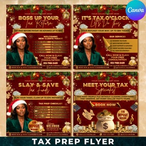 Könnte beinhalten: Ein Steuererklärungs-Flyer mit vier Tafeln, die jeweils eine Frau mit Weihnachtsmütze zeigen. Der Text enthält "Boss Up Your Tax Return", "It's Tax O'Clock", "Slay & Save Tax Funds" und "Meet Your Tax Specialist". Der Flyer wirbt für Steuerservices.