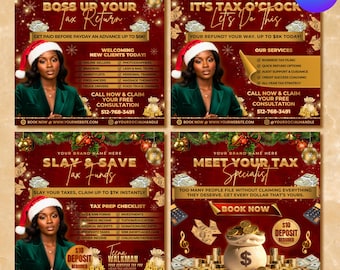 Paquete de folletos para la preparación de impuestos navideños, plantillas de Canva para la preparación de impuestos navideños, marketing moderno para reembolsos de impuestos y reparación de crédito, conjunto editable para contables