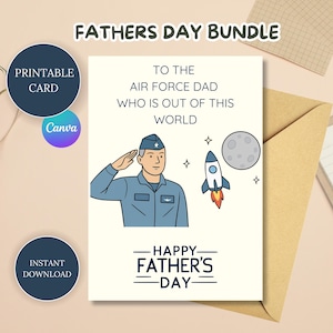 Grappige luchtmacht vader vaderdagkaart, afdrukbare canvassjabloon + gratis cadeaukaartjes, direct downloaden, bewerkbare militaire vaderkaart
