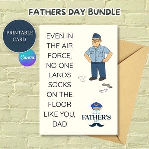 Funny Airforce Dad Father's Day Card, bewerkbare afdrukbare wenskaartsjabloon, Punny Military Dad Card-bundel, gratis cadeaukaartjes