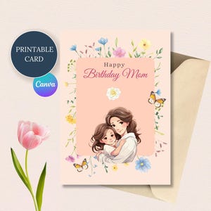 Alles Gute zum Geburtstag Mama Karte rosa Blumenmuster, personalisierte druckbare Grußkarten mit kostenlosen Geschenkanhänger für Mutter Geburtstag Kit
