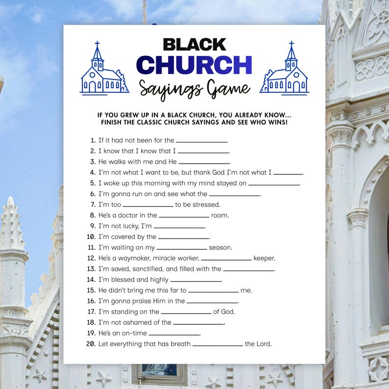 Black Family Games printable PDF with classic church sayings, perfect for family gatherings, kids ministry, youth groups, and Christian icebreaker games.
