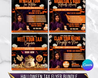 Halloween Tax Prep Flyer Bundle, Credit Repair Tax Preparer Consultant Checklist, Editable Canva Templates, Modern Accountant Marketing Set