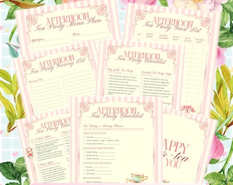 Paquete de lista de verificación para planificar una fiesta de té de la tarde, lista de invitados, planificador de menú, lista de compras, imprimible, guía de maridaje para una fiesta de té de la tarde con jardín temático