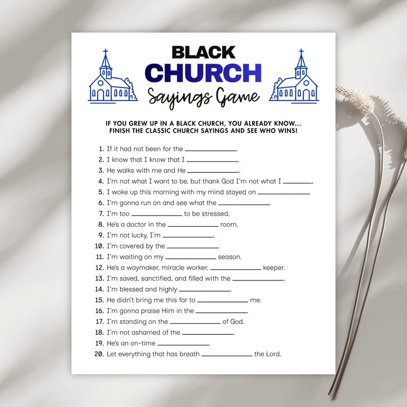 Printable Church Party Games PDF featuring black church sayings for teens, adults, and kids, ideal for icebreaker games, Sunday school, and team building exercises.