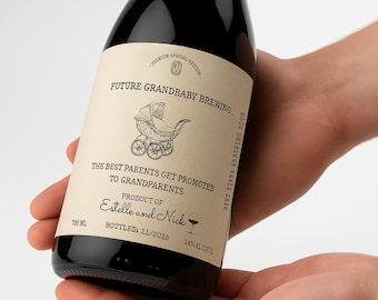 Etiqueta de vino para anunciar el embarazo de los abuelos: Plantilla editable de Canva (3x5 y 3,75x4,75 pulgadas, descarga digital)