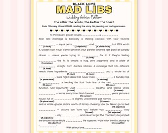Black Family Mad Libs Wedding Advice Cards, Fun Bridal Shower Game, Couples Party Trivia, Printable Bachelorette Rehearsal Dinner Activities