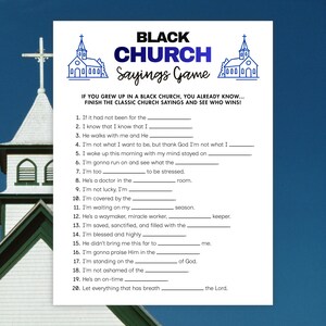 Bible Games for Kids and Adults printable activity featuring 20 black church sayings, suitable for church youth groups, family games nights, and Sunday school fun.