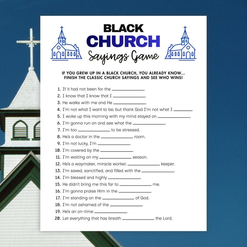 Bible Games for Kids and Adults printable activity featuring 20 black church sayings, suitable for church youth groups, family games nights, and Sunday school fun.