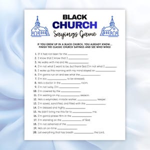 Black Church Trivia activity sheet with 20 fill-in-the-blank questions, designed for youth group icebreaker games, family ministry, and educational Bible game nights.