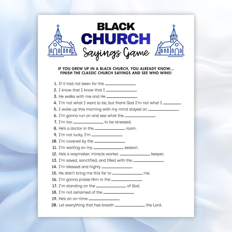Black Church Trivia activity sheet with 20 fill-in-the-blank questions, designed for youth group icebreaker games, family ministry, and educational Bible game nights.