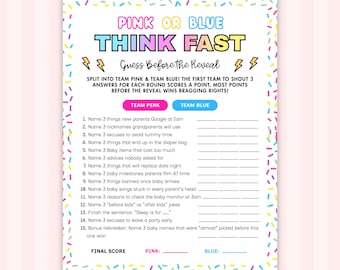 Gender Reveal Think Fast Game, Fun Baby Shower Activity, Funny Predictions, Boy or Girl Pregnancy Announcement Idea, Printable Party Trivia