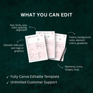 Minimalist bakery order form printable with sections for tiers, frosting, allergies, and order amount displayed in elegant Canva template style.