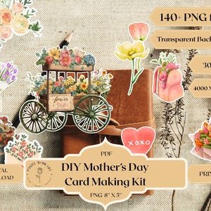 Muttertagskarte - 140+ Vintage Blumenwagen Clipart, Aquarell Blumen Aufkleber, Junk Journal PNGs, Printable Scrapbooking Ephemera
